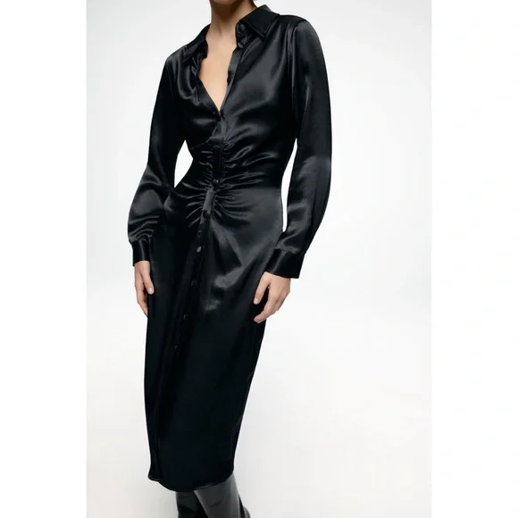 Zara Dresses Zara Black Satin Shirt Dress Nwt Poshmark